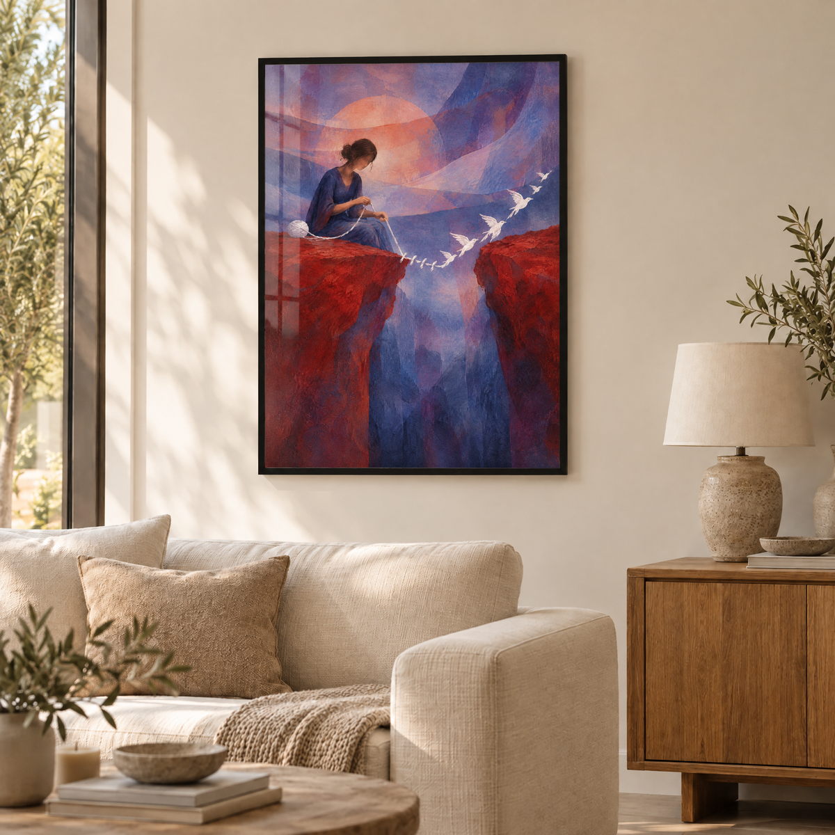 Die Näherin des Horizonts – Poster im schwarzen Holzrahmen im Wohnzimmer, ohne Weißrand.