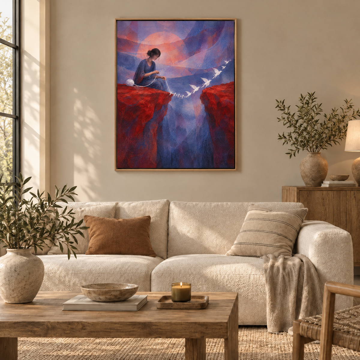 Die Näherin des Horizonts – Leinwand im Naturholz-Schattenfugenrahmen im Wohnzimmer, ohne Weißrand.