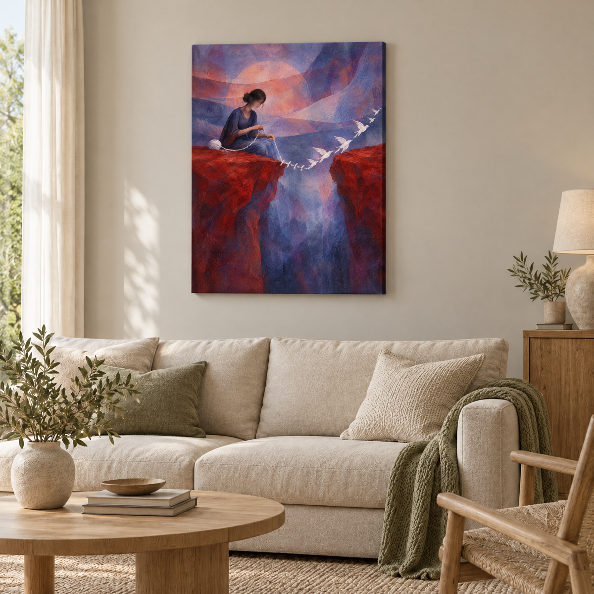 Die Näherin des Horizonts – Rahmenlose Slim-Leinwand im Wohnzimmer, ohne Weißrand.
