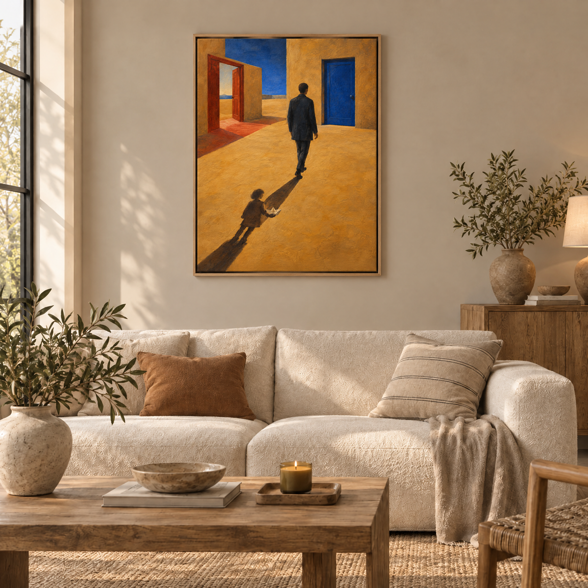 Der Schatten des Kindes – Leinwand im Naturholz-Schattenfugenrahmen im Wohnzimmer, ohne Weißrand.
