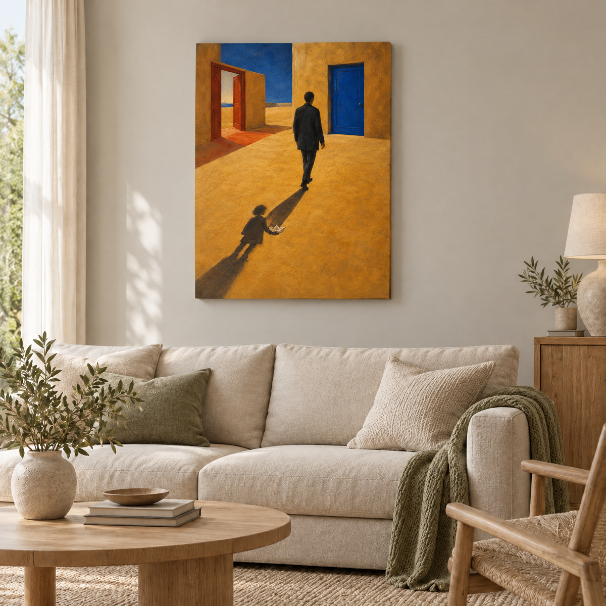 Der Schatten des Kindes – Rahmenlose Slim-Leinwand im Wohnzimmer, ohne Weißrand.