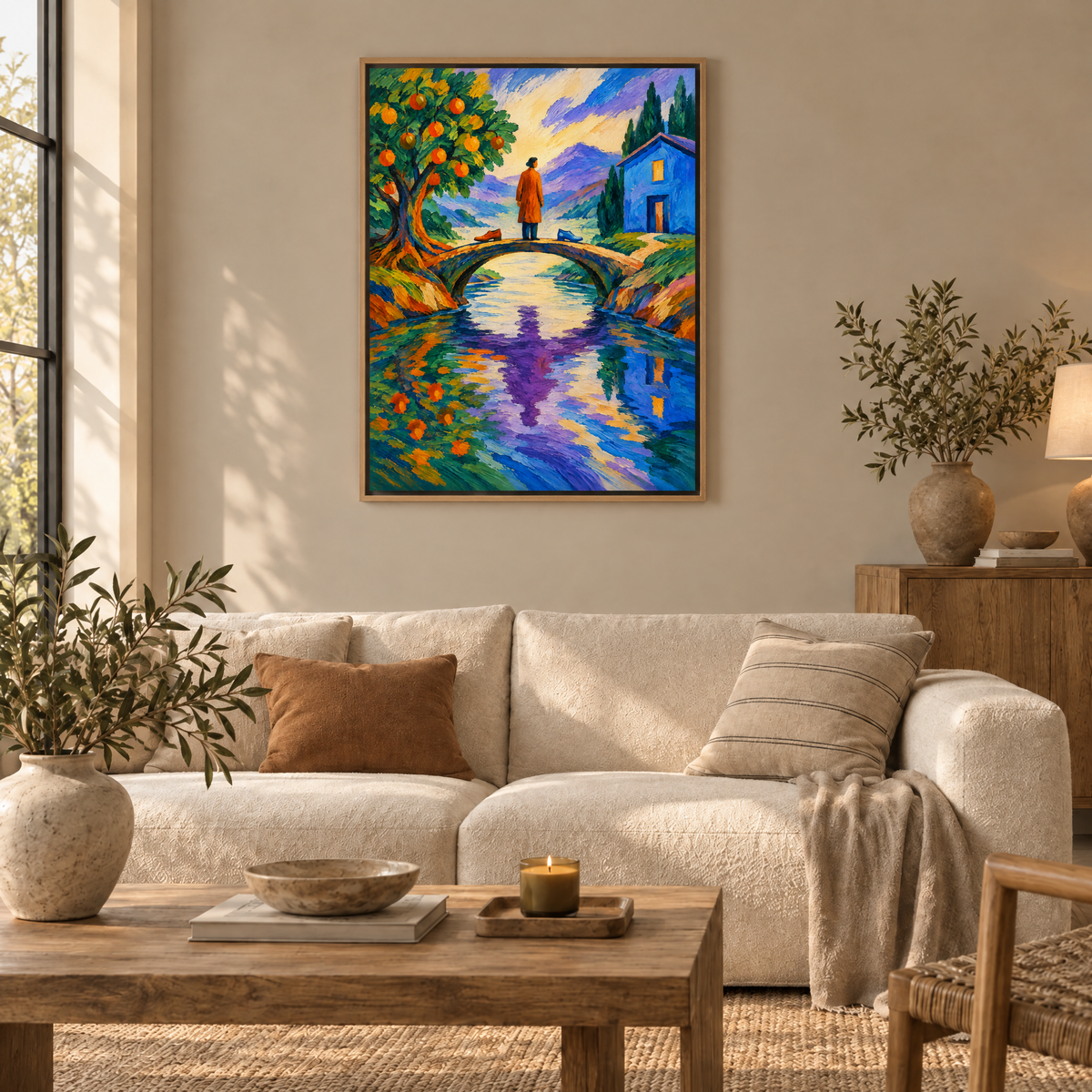 Zwischen zwei Ufern – Leinwand im Naturholz-Schattenfugenrahmen im Wohnzimmer, ohne Weißrand.