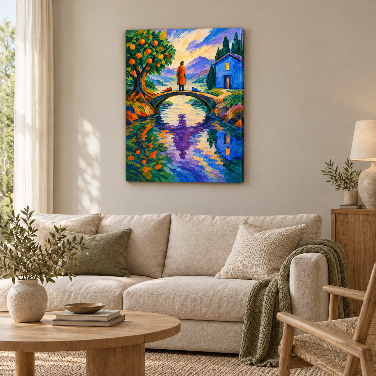 Zwischen zwei Ufern – Rahmenlose Slim-Leinwand im Wohnzimmer, ohne Weißrand.