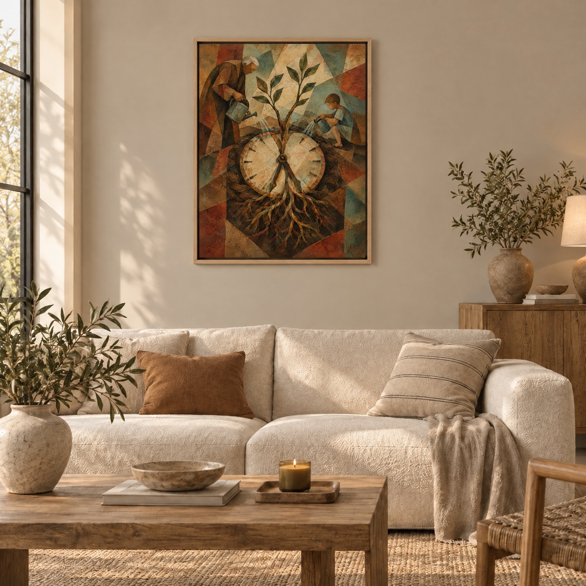 Die Wurzeln der Zeit – Leinwand im Naturholz-Schattenfugenrahmen im Wohnzimmer, ohne Weißrand.