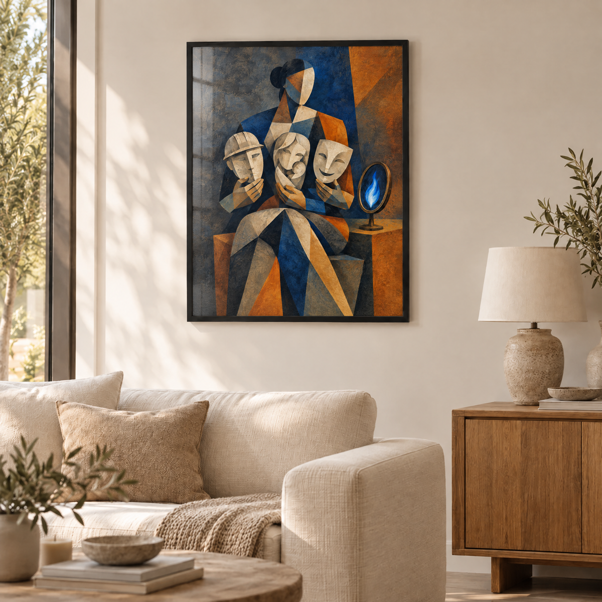 Das Gesicht hinter dem Gesicht – Poster im schwarzen Holzrahmen im Wohnzimmer, ohne Weißrand.