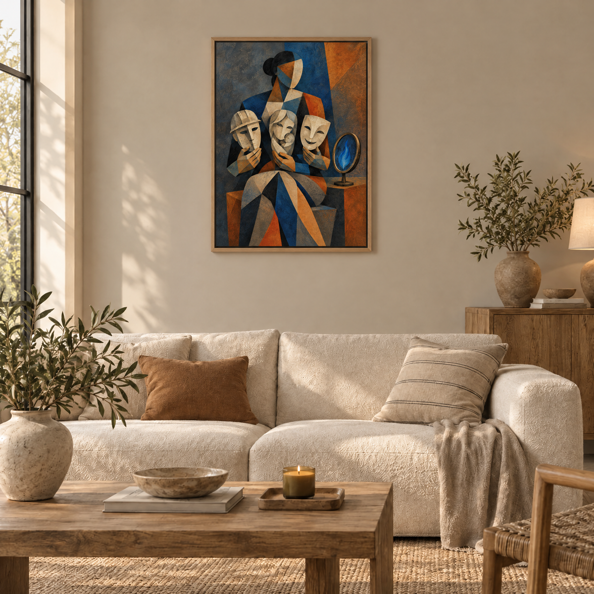 Das Gesicht hinter dem Gesicht – Leinwand im Naturholz-Schattenfugenrahmen im Wohnzimmer, ohne Weißrand.