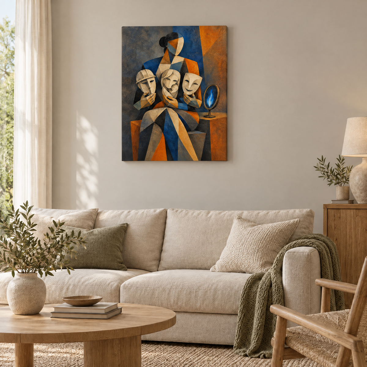 Das Gesicht hinter dem Gesicht – Rahmenlose Slim-Leinwand im Wohnzimmer, ohne Weißrand.
