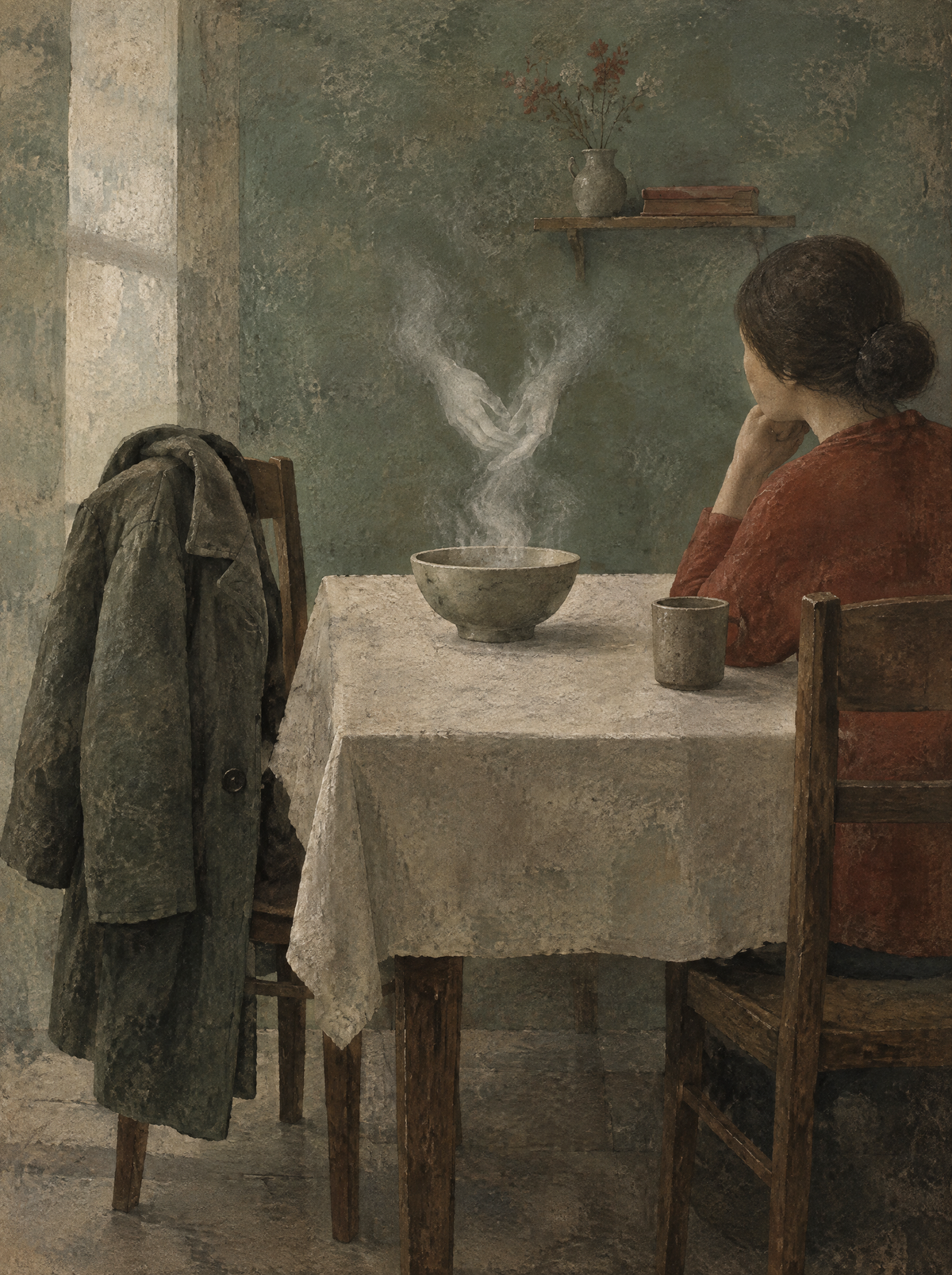 Der Mantel am Tisch – Kunstmotiv ohne Rahmen.