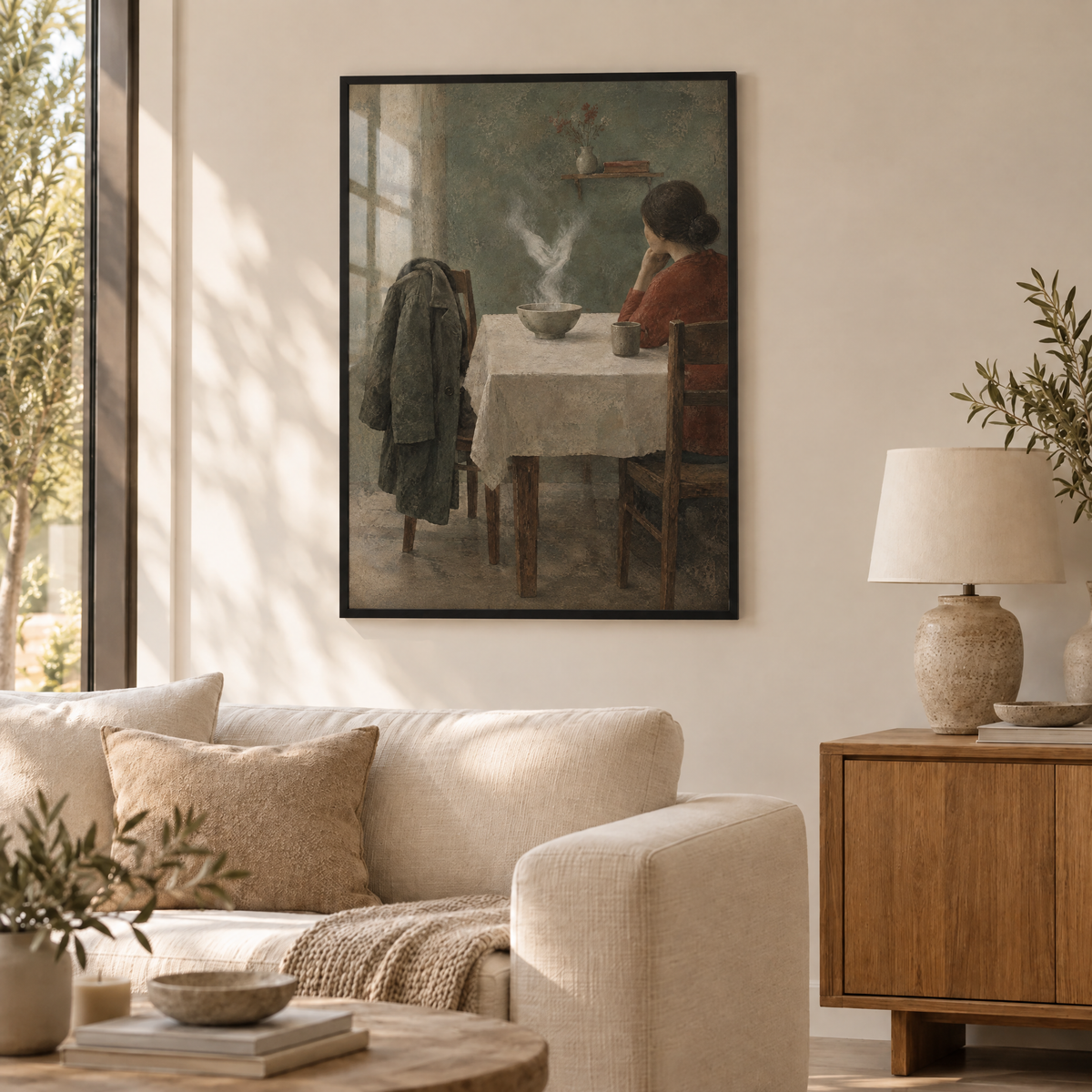 Der Mantel am Tisch – Poster im schwarzen Holzrahmen im Wohnzimmer, ohne Weißrand.