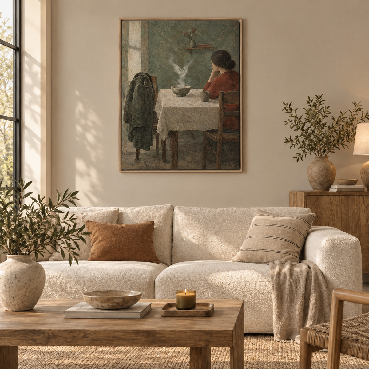 Der Mantel am Tisch – Leinwand im Naturholz-Schattenfugenrahmen im Wohnzimmer, ohne Weißrand.