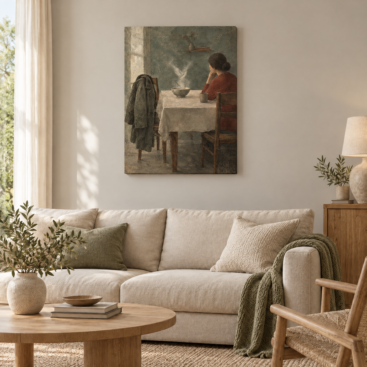 Der Mantel am Tisch – Rahmenlose Slim-Leinwand im Wohnzimmer, ohne Weißrand.