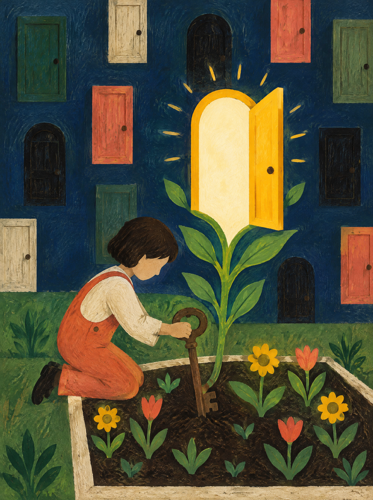 Der Schlüssel im Garten – Kunstmotiv ohne Rahmen.