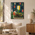 Der Schlüssel im Garten – Poster im schwarzen Holzrahmen im Wohnzimmer, ohne Weißrand.