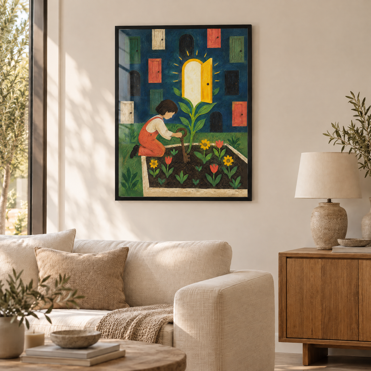 Der Schlüssel im Garten – Poster im schwarzen Holzrahmen im Wohnzimmer, ohne Weißrand.