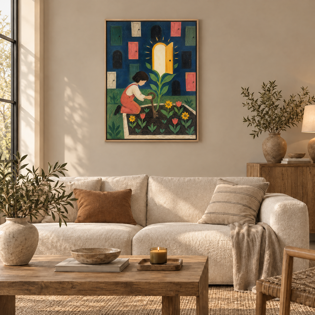 Der Schlüssel im Garten – Leinwand im Naturholz-Schattenfugenrahmen im Wohnzimmer, ohne Weißrand.