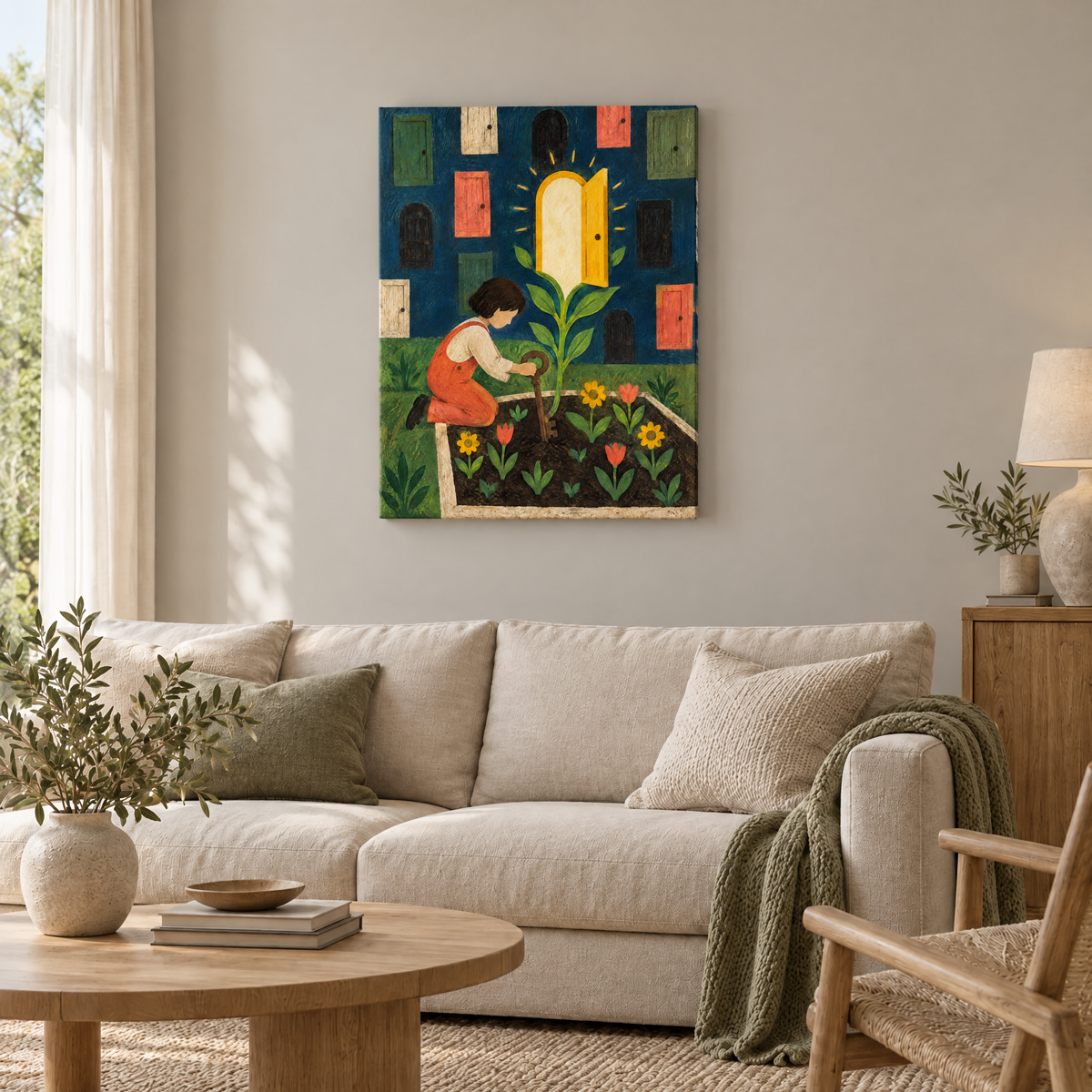 Der Schlüssel im Garten – Rahmenlose Slim-Leinwand im Wohnzimmer, ohne Weißrand.