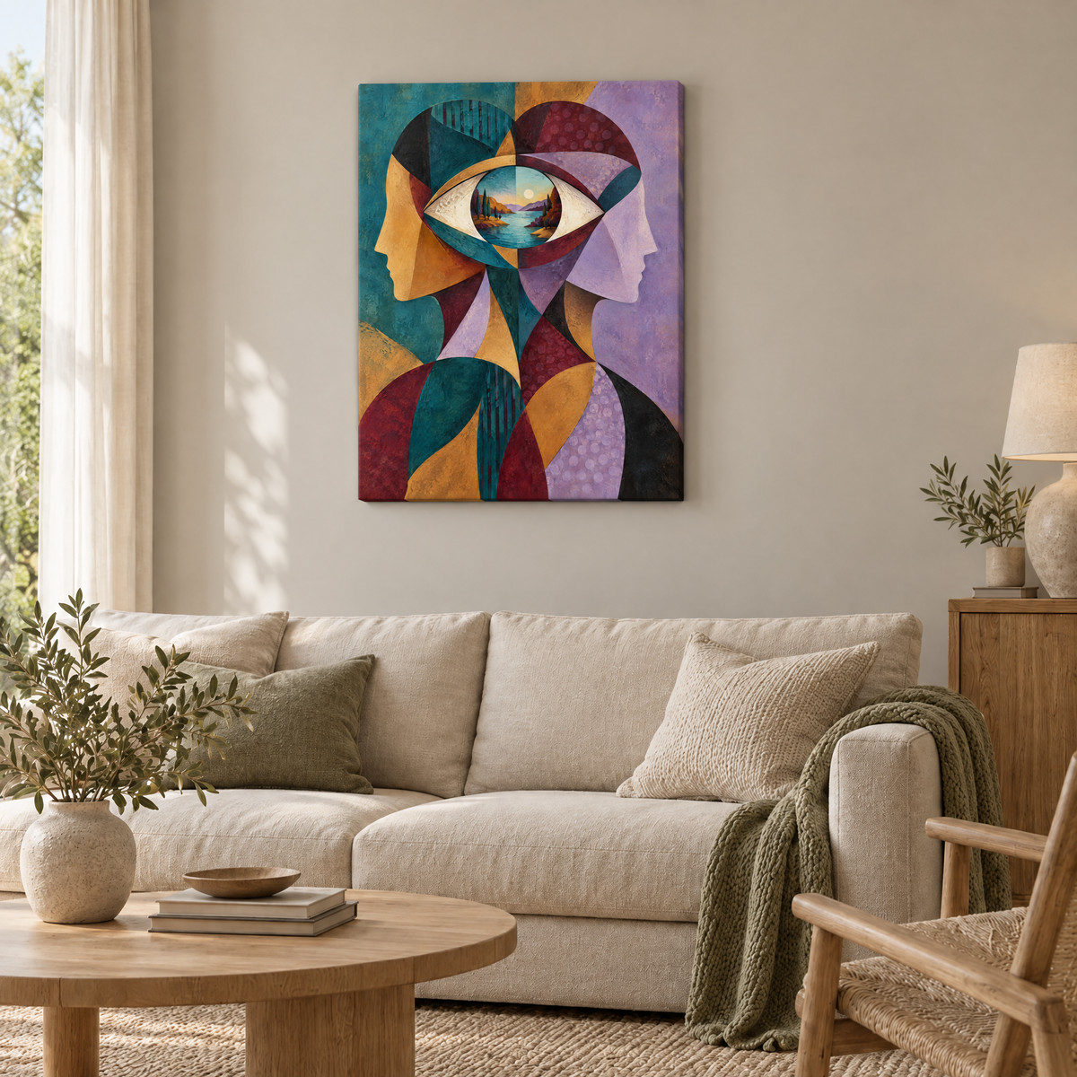 Das geteilte Auge – Rahmenlose Slim-Leinwand im Wohnzimmer, ohne Weißrand.