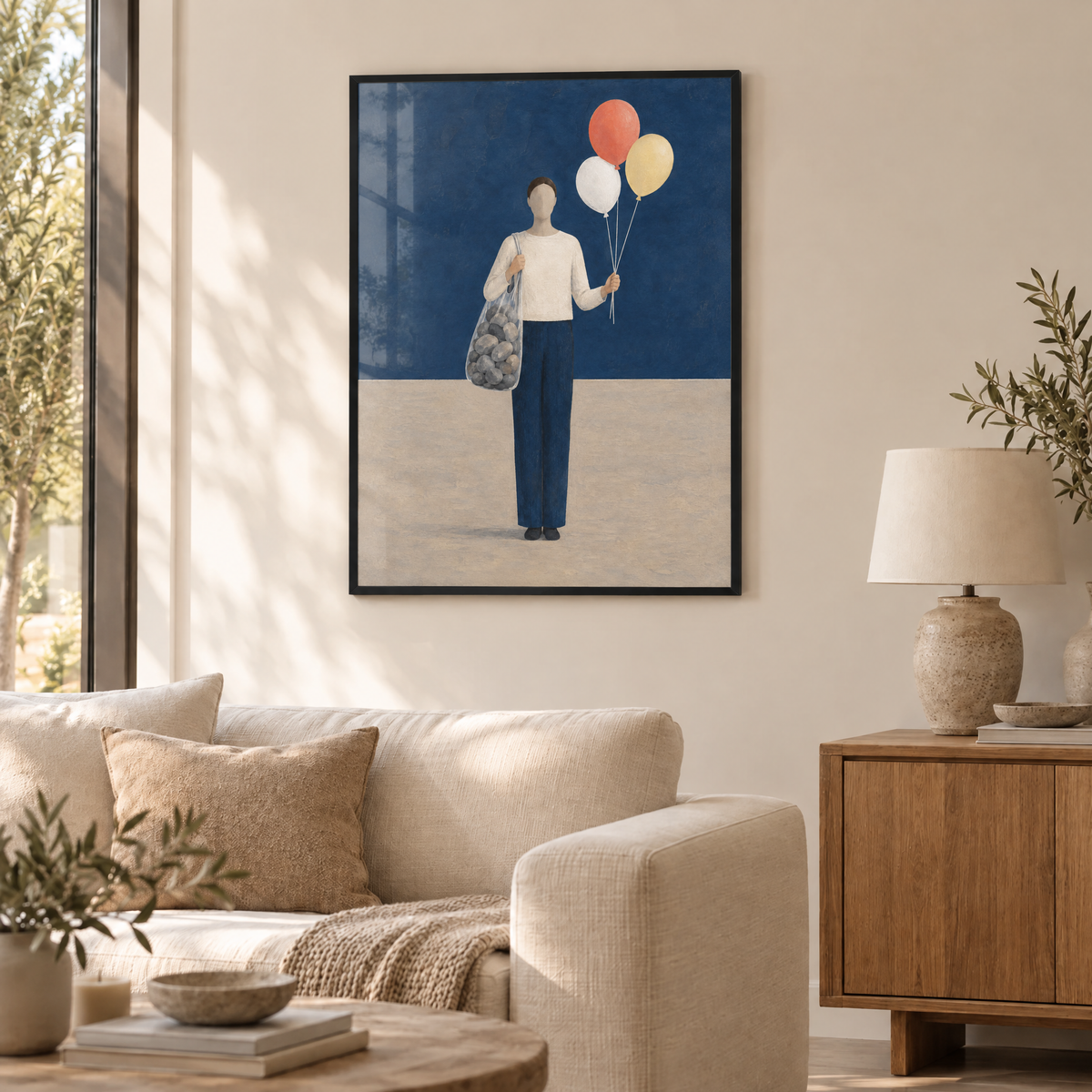 Steine und Ballons – Poster im schwarzen Holzrahmen im Wohnzimmer, ohne Weißrand.