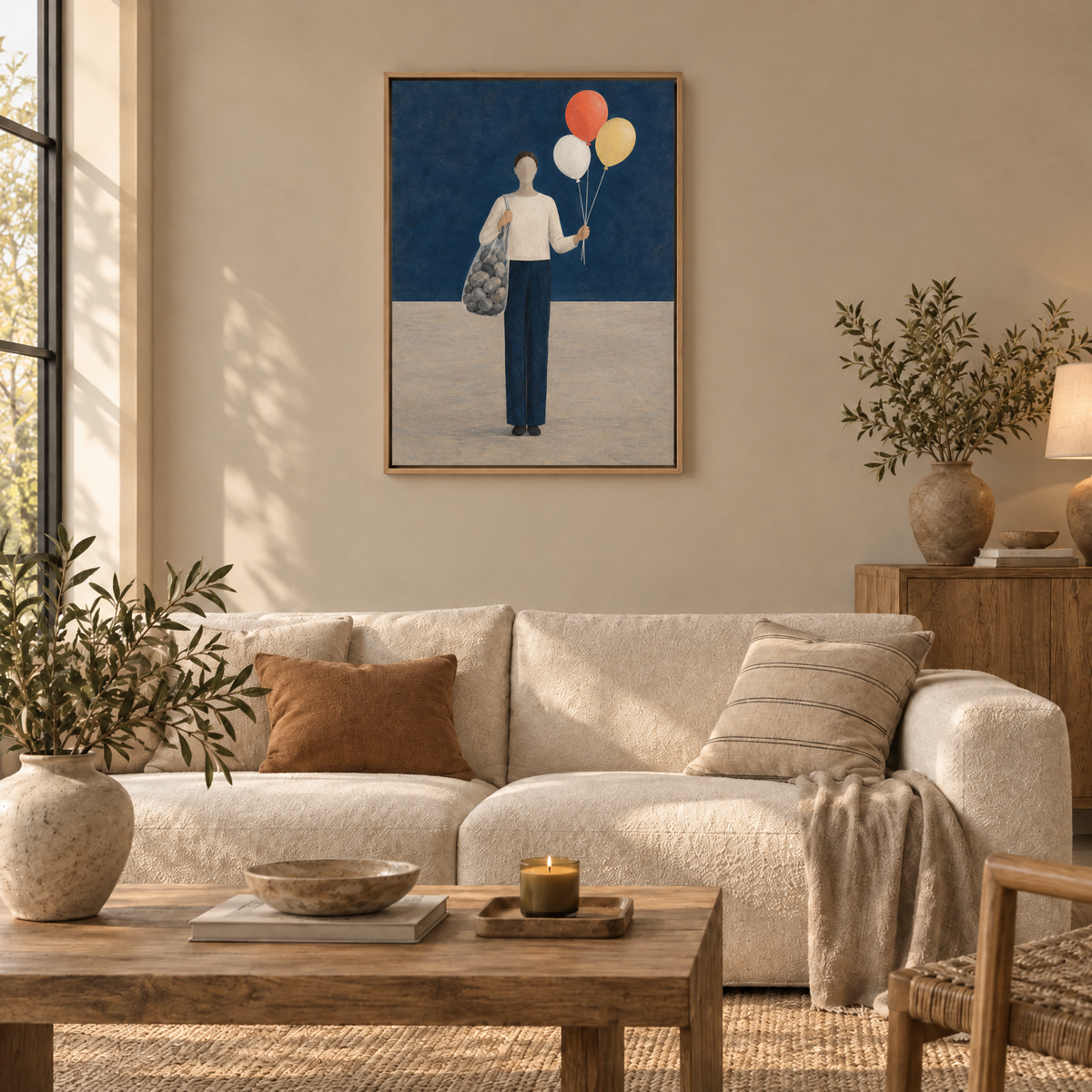 Steine und Ballons – Leinwand im Naturholz-Schattenfugenrahmen im Wohnzimmer, ohne Weißrand.
