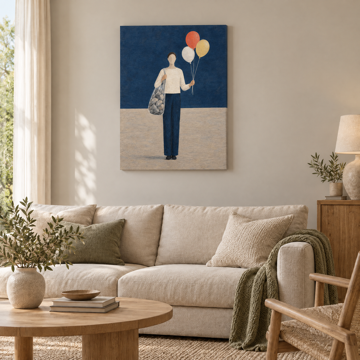 Steine und Ballons – Rahmenlose Slim-Leinwand im Wohnzimmer, ohne Weißrand.