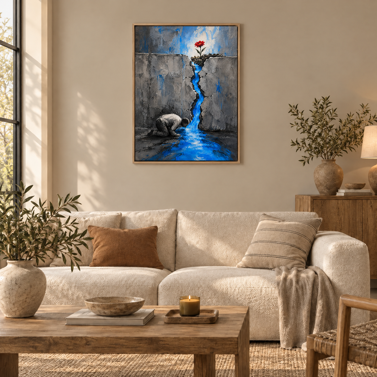 Der Fluss in der Mauer – Leinwand im Naturholz-Schattenfugenrahmen im Wohnzimmer, ohne Weißrand.