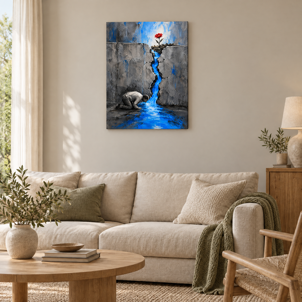 Der Fluss in der Mauer – Rahmenlose Slim-Leinwand im Wohnzimmer, ohne Weißrand.
