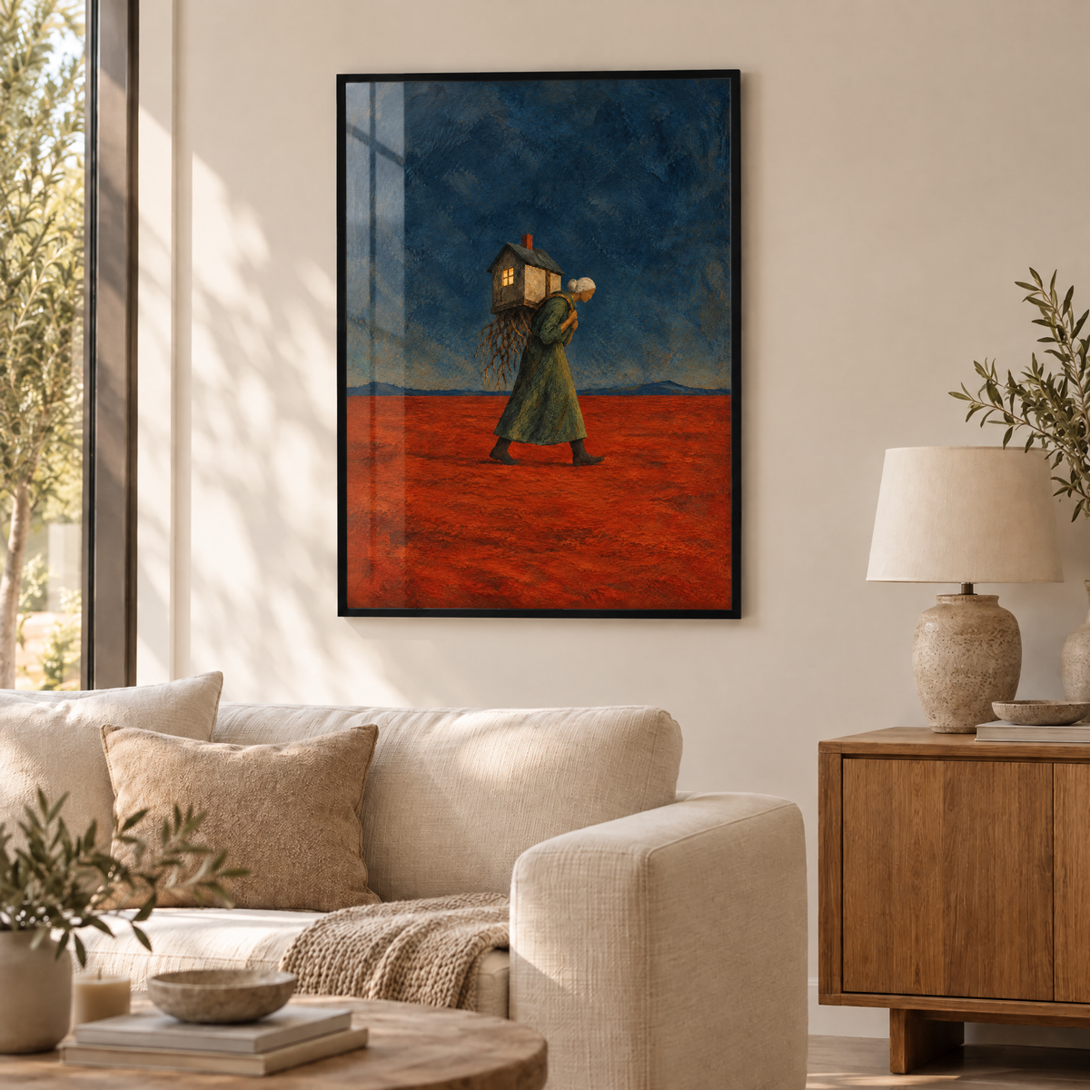 Das Haus auf dem Rücken – Poster im schwarzen Holzrahmen im Wohnzimmer, ohne Weißrand.