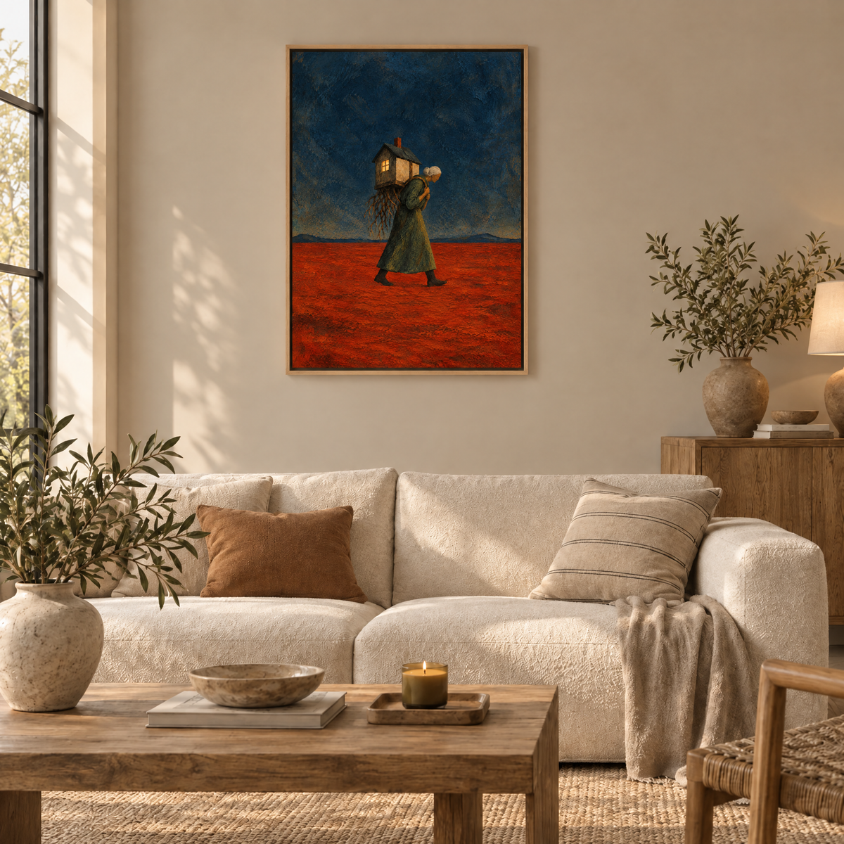Das Haus auf dem Rücken – Leinwand im Naturholz-Schattenfugenrahmen im Wohnzimmer, ohne Weißrand.