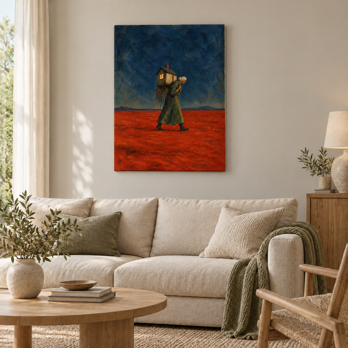 Das Haus auf dem Rücken – Rahmenlose Slim-Leinwand im Wohnzimmer, ohne Weißrand.