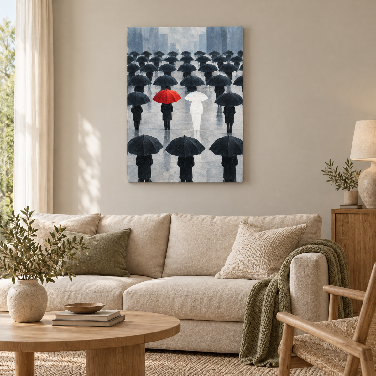 Die rote Lücke – Rahmenlose Slim-Leinwand im Wohnzimmer, ohne Weißrand.