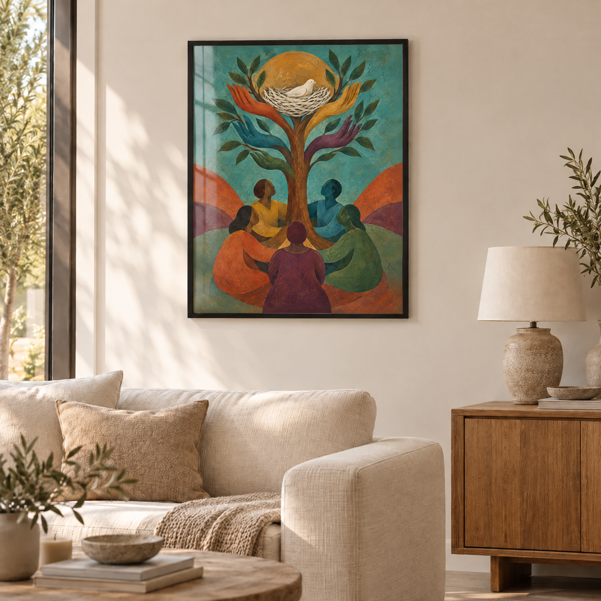 Der Baum aus Händen – Poster im schwarzen Holzrahmen im Wohnzimmer, ohne Weißrand.