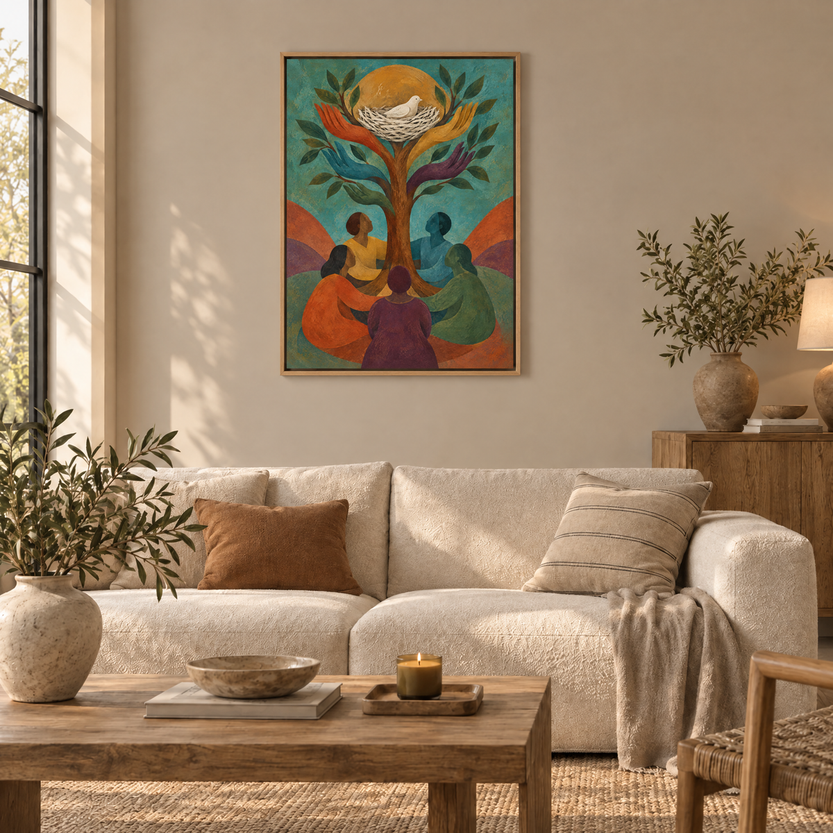 Der Baum aus Händen – Leinwand im Naturholz-Schattenfugenrahmen im Wohnzimmer, ohne Weißrand.