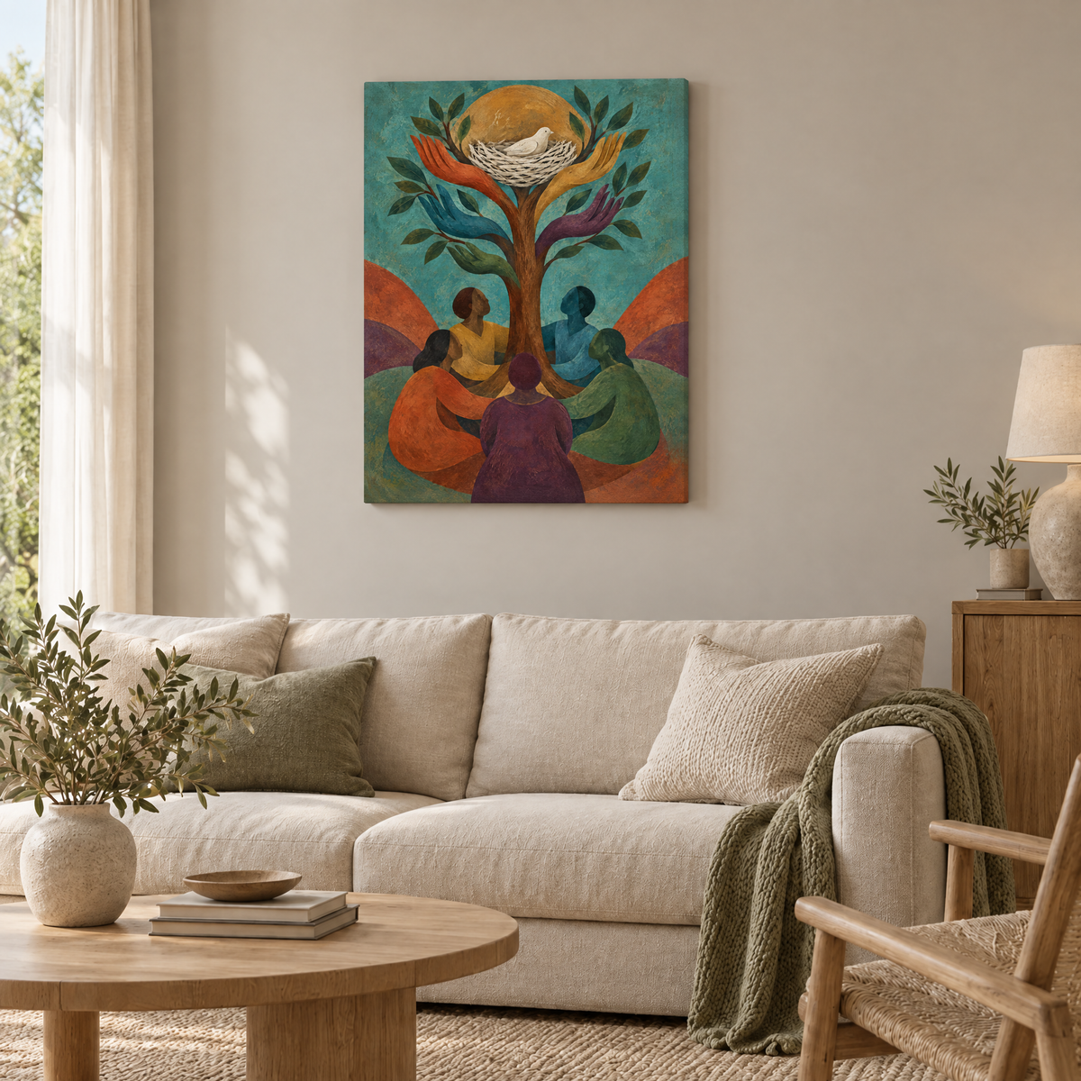 Der Baum aus Händen – Rahmenlose Slim-Leinwand im Wohnzimmer, ohne Weißrand.