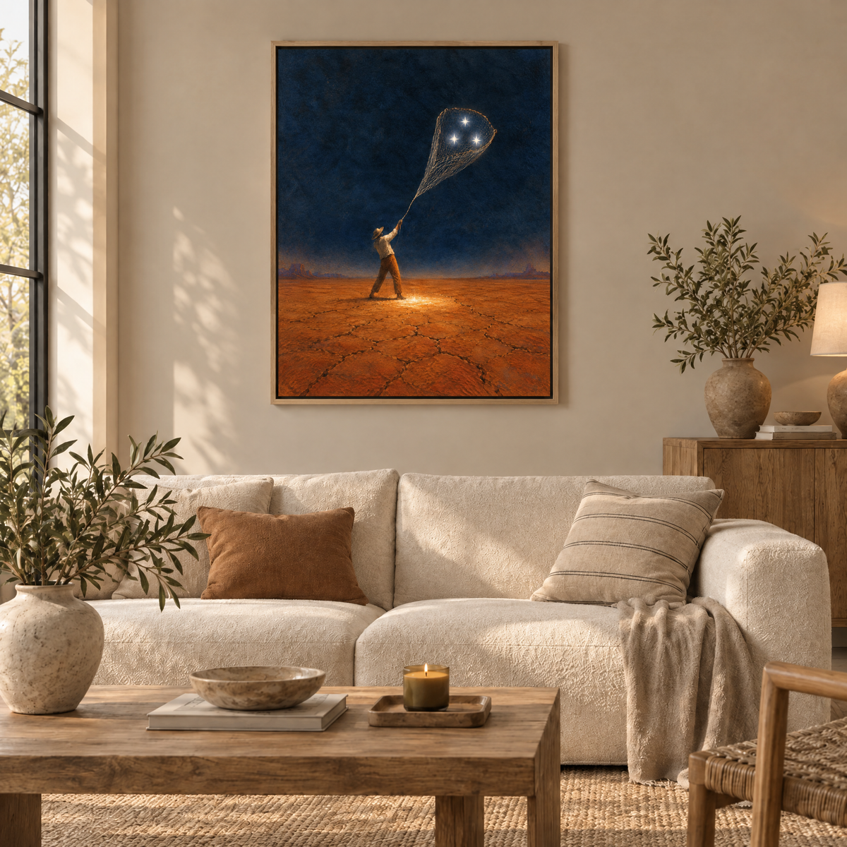 Der Fischer des trockenen Himmels – Leinwand im Naturholz-Schattenfugenrahmen im Wohnzimmer, ohne Weißrand.