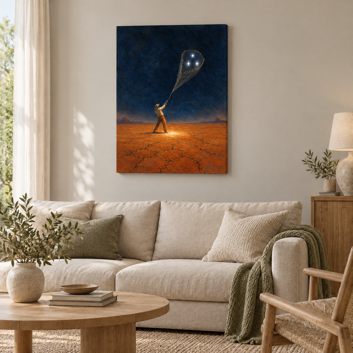 Der Fischer des trockenen Himmels – Rahmenlose Slim-Leinwand im Wohnzimmer, ohne Weißrand.