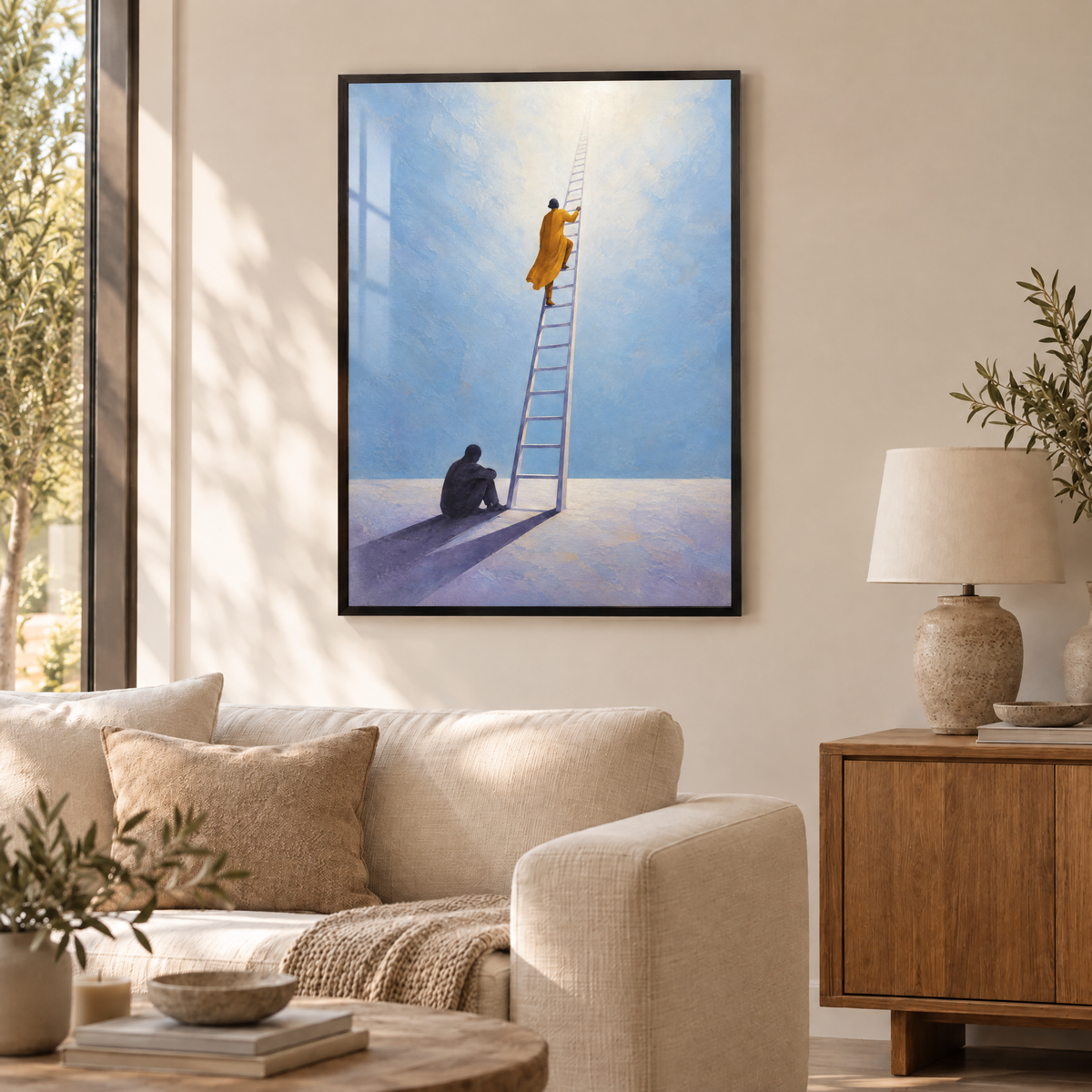 Die Leiter ohne Wand – Poster im schwarzen Holzrahmen im Wohnzimmer, ohne Weißrand.