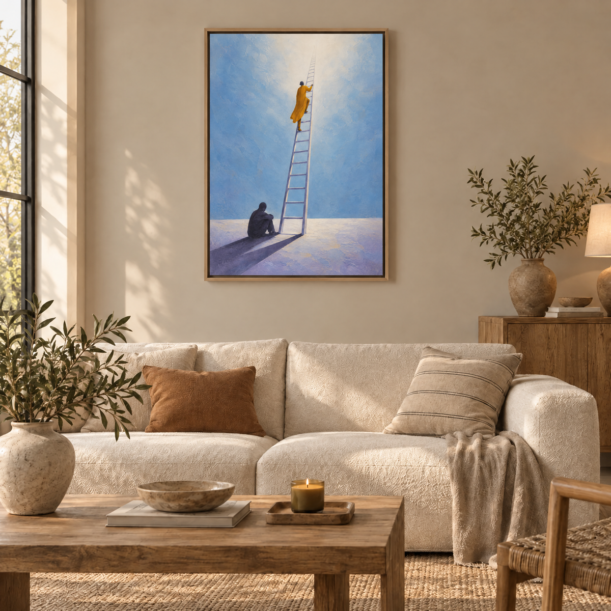 Die Leiter ohne Wand – Leinwand im Naturholz-Schattenfugenrahmen im Wohnzimmer, ohne Weißrand.