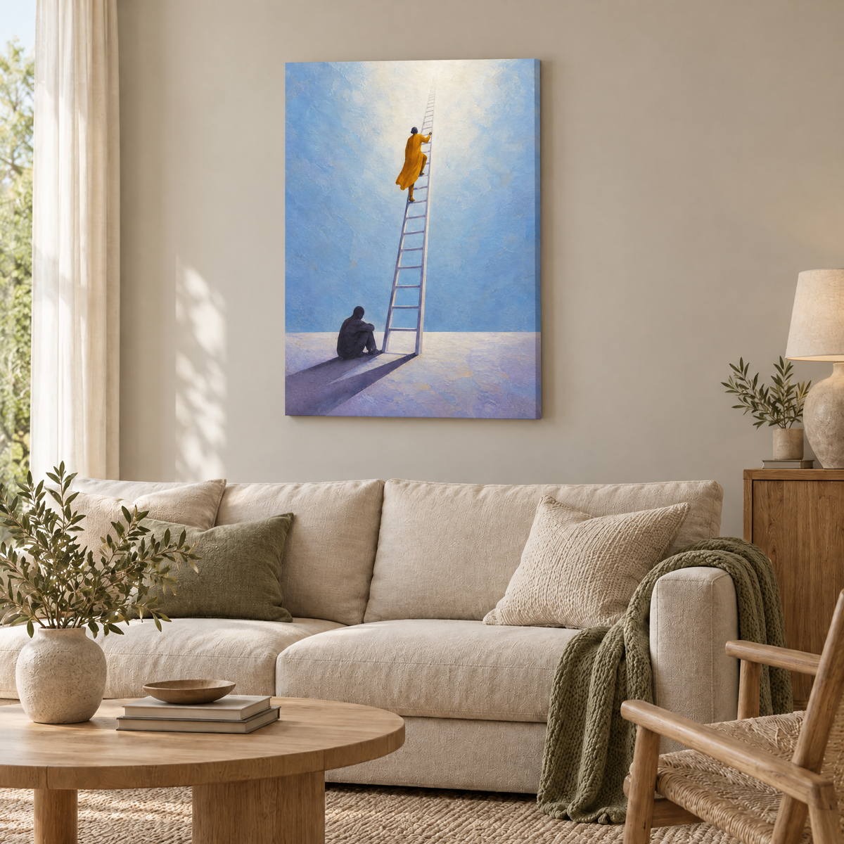 Die Leiter ohne Wand – Rahmenlose Slim-Leinwand im Wohnzimmer, ohne Weißrand.