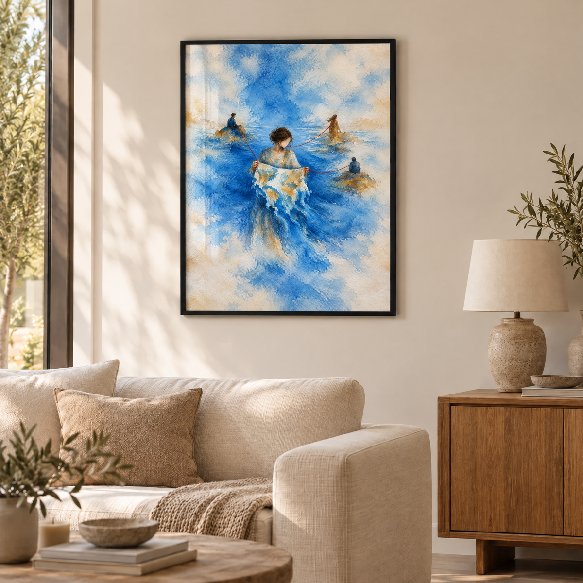 Die schmelzende Karte – Poster im schwarzen Holzrahmen im Wohnzimmer, ohne Weißrand.