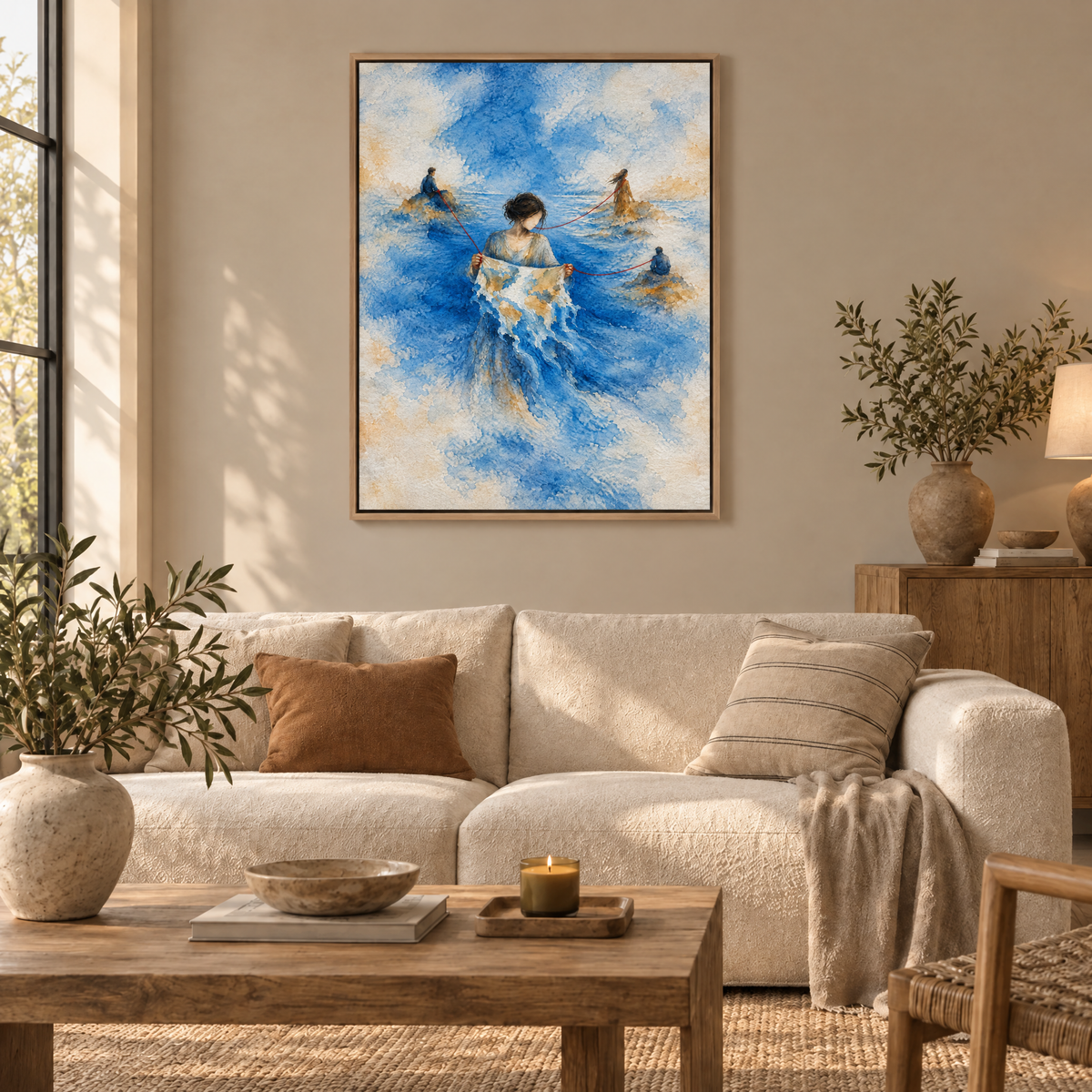 Die schmelzende Karte – Leinwand im Naturholz-Schattenfugenrahmen im Wohnzimmer, ohne Weißrand.