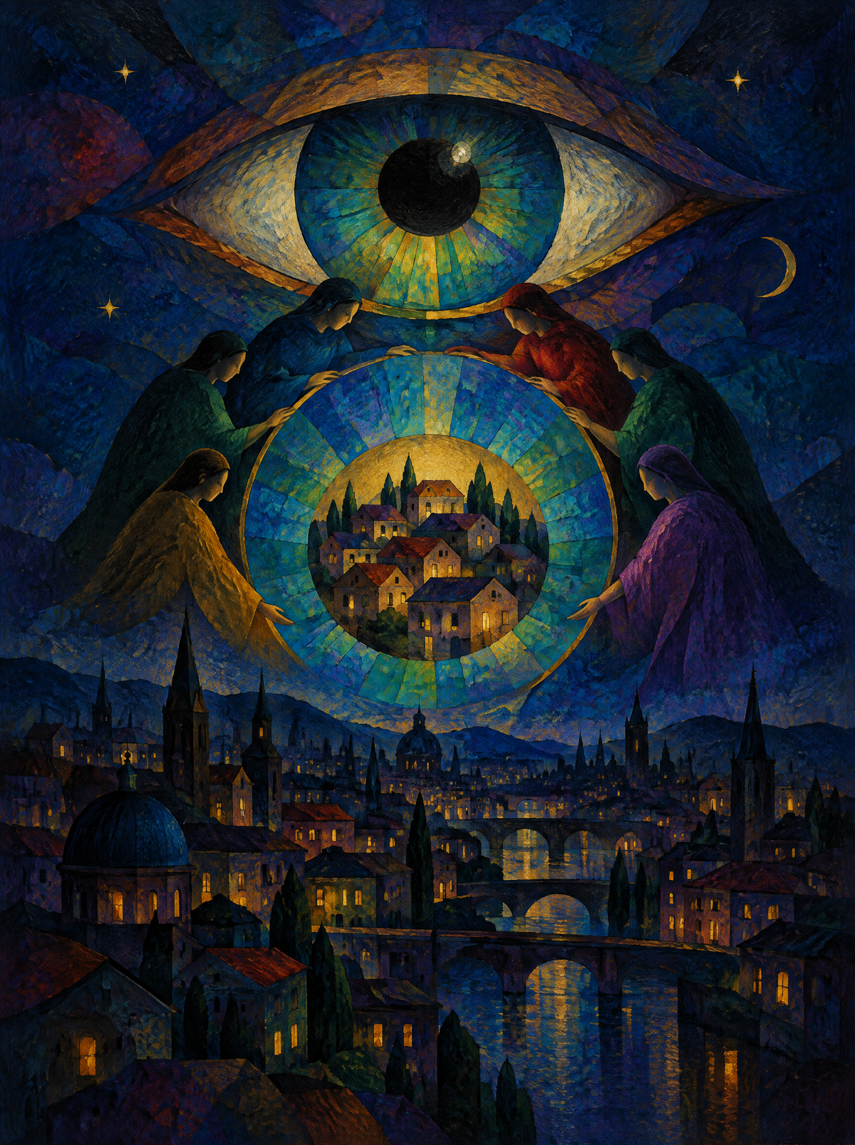 Das offene Auge über der Stadt – Kunstmotiv ohne Rahmen.