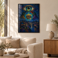 Das offene Auge über der Stadt – Poster im schwarzen Holzrahmen im Wohnzimmer, ohne Weißrand.