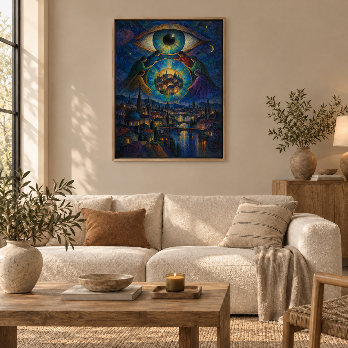 Das offene Auge über der Stadt – Leinwand im Naturholz-Schattenfugenrahmen im Wohnzimmer, ohne Weißrand.
