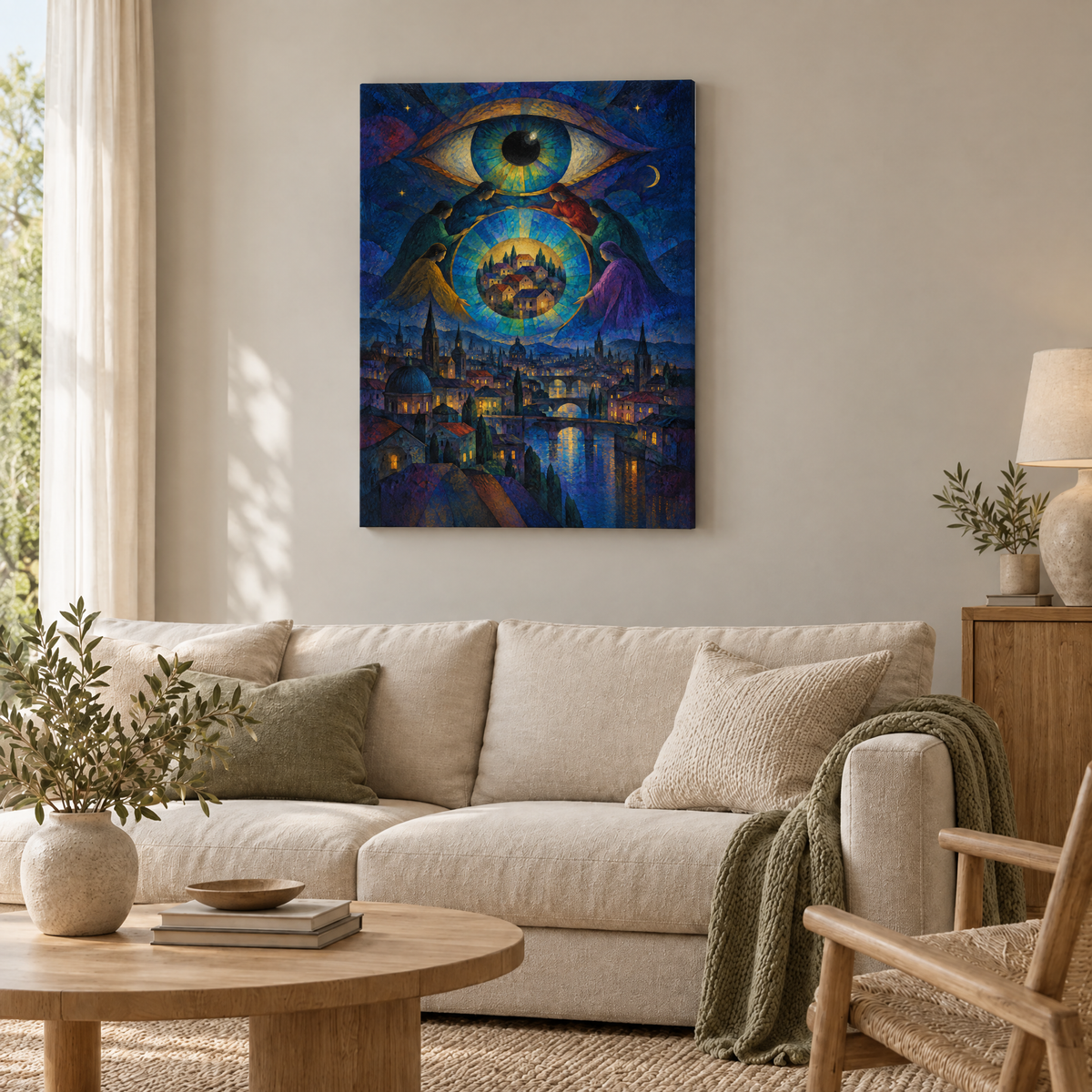 Das offene Auge über der Stadt – Rahmenlose Slim-Leinwand im Wohnzimmer, ohne Weißrand.