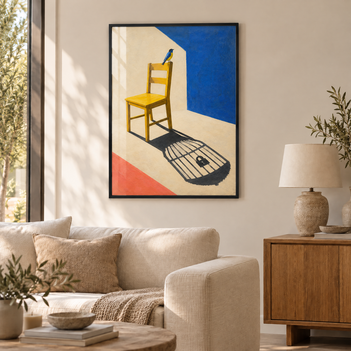 Der Stuhl und sein Käfig – Poster im schwarzen Holzrahmen im Wohnzimmer, ohne Weißrand.