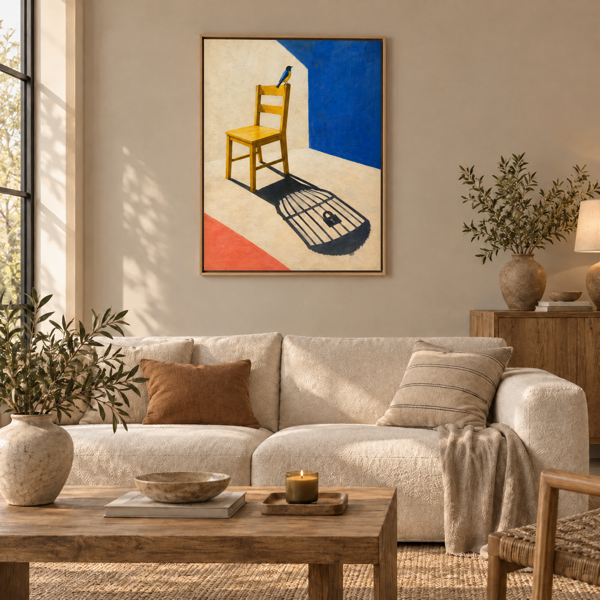 Der Stuhl und sein Käfig – Leinwand im Naturholz-Schattenfugenrahmen im Wohnzimmer, ohne Weißrand.