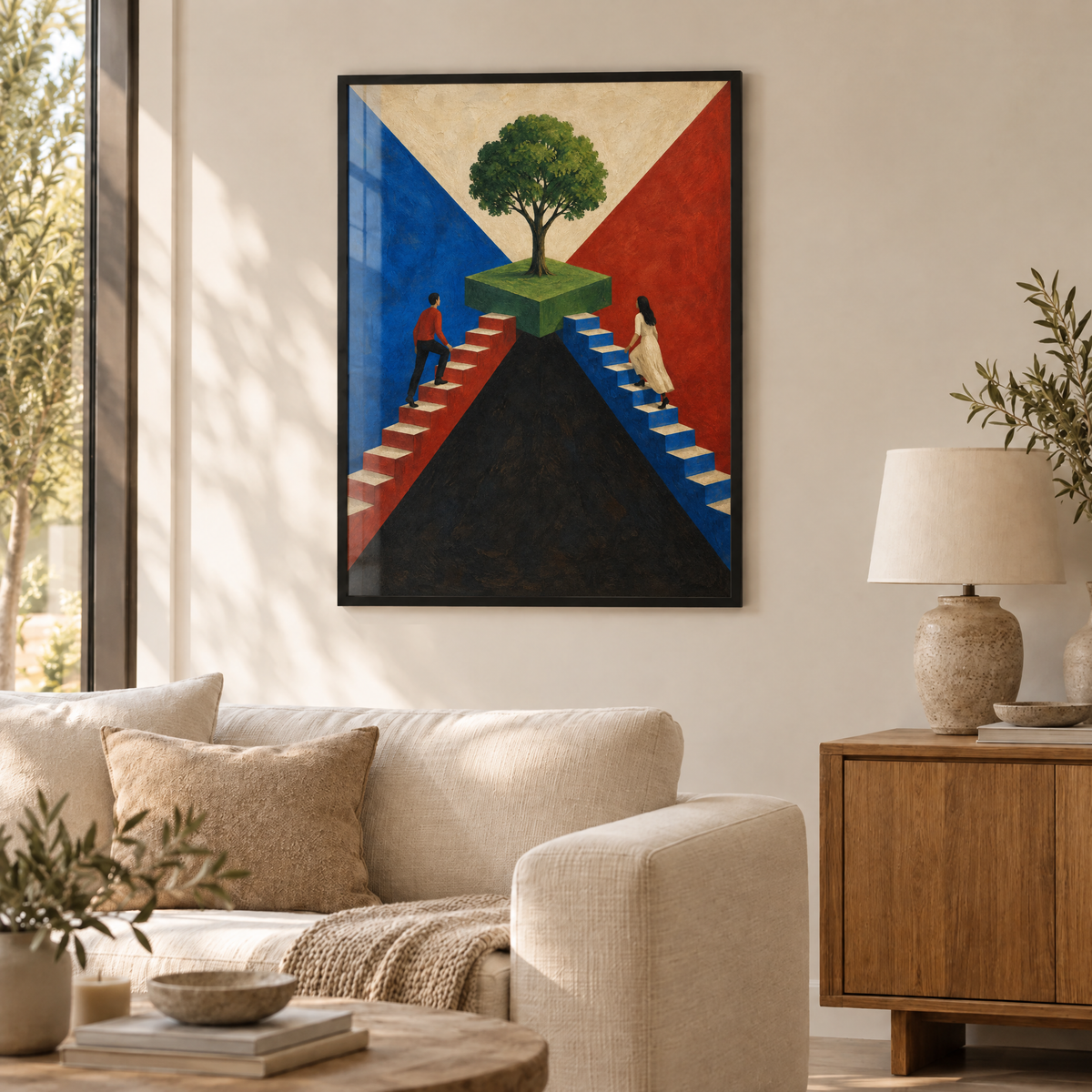 Die zwei Treppen – Poster im schwarzen Holzrahmen im Wohnzimmer, ohne Weißrand.