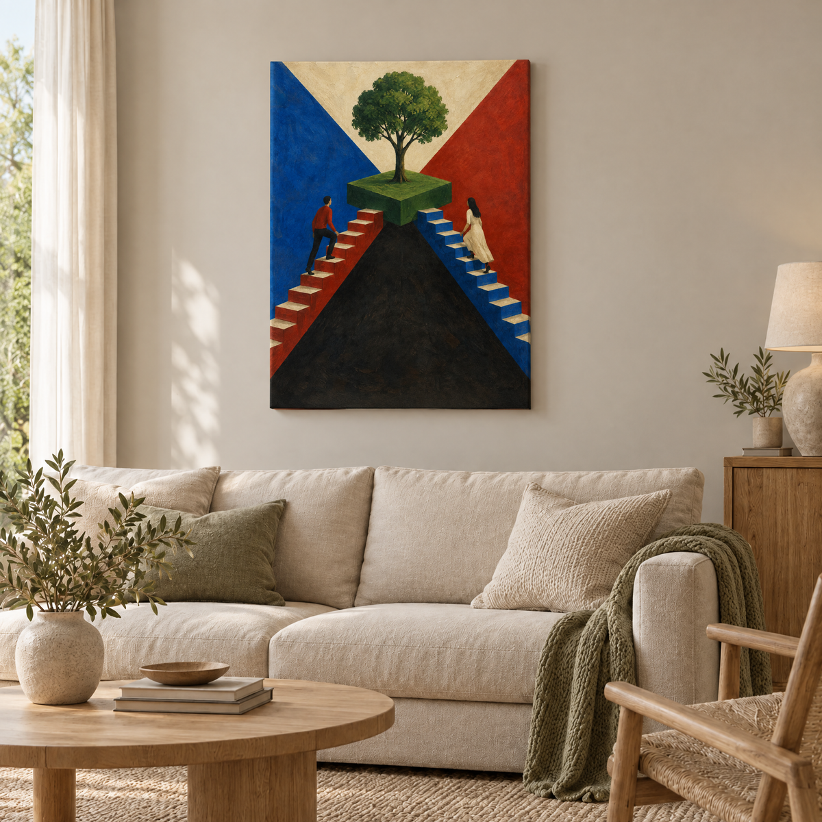 Die zwei Treppen – Rahmenlose Slim-Leinwand im Wohnzimmer, ohne Weißrand.