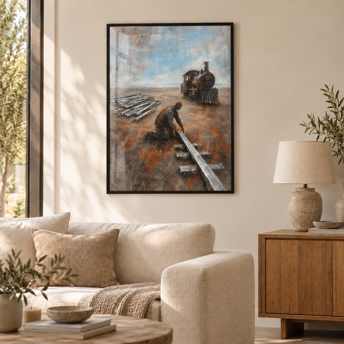 Die Bahn ohne Schienen – Poster im schwarzen Holzrahmen im Wohnzimmer, ohne Weißrand.