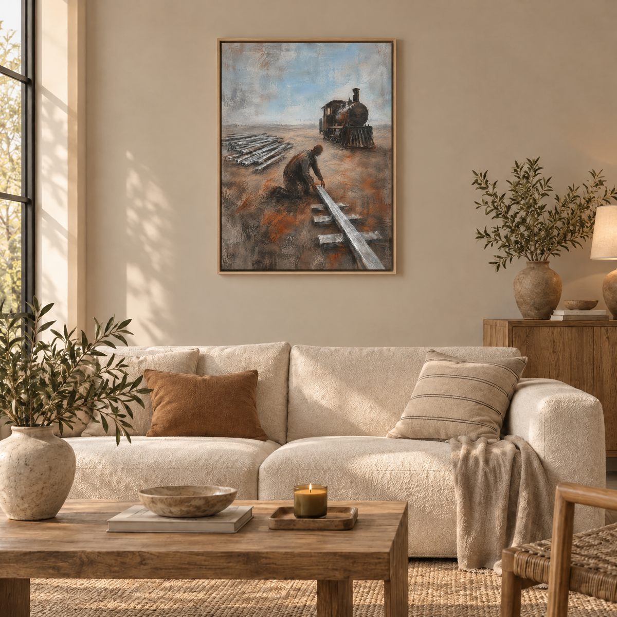 Die Bahn ohne Schienen – Leinwand im Naturholz-Schattenfugenrahmen im Wohnzimmer, ohne Weißrand.
